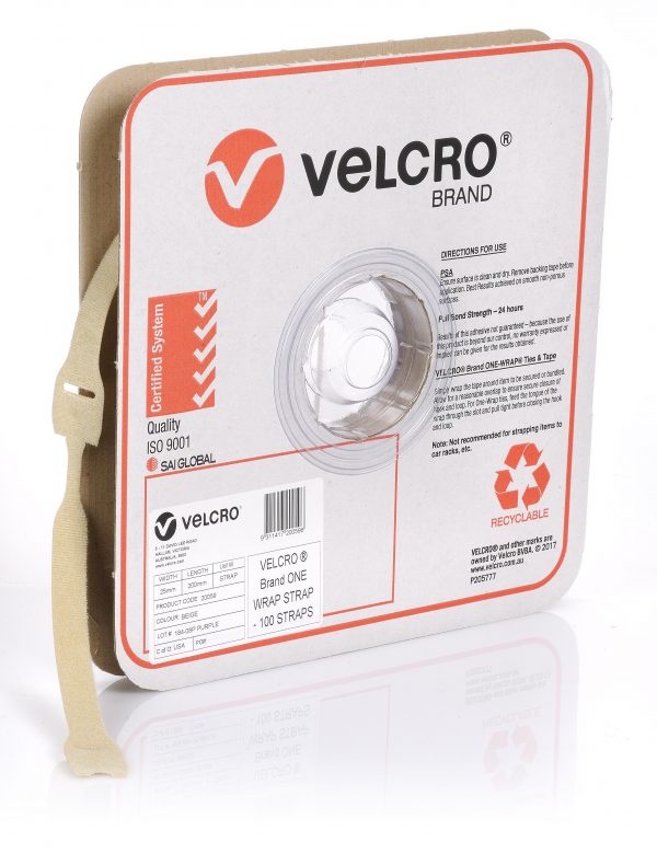 Velcro One-Wrap Strap Beige 25mm x 200mm 100 Straps
