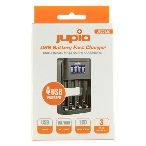 Jupio 4 Slot Fast Battery Charger & LCD Screen for AA & AAA Rechargeable Batteries - Image 2