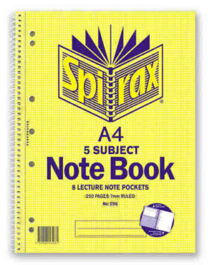 Spirax 596 Notebook A4 5 Subject 7mm 250 Pages