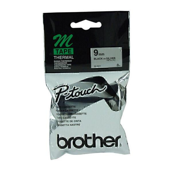 Brother M921 Labelling Tape 9mm x 8m Metallic Black on Silver