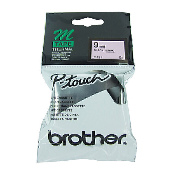 Brother ME21 Labelling Tape 9mm x 8m Metalic Black on Pink