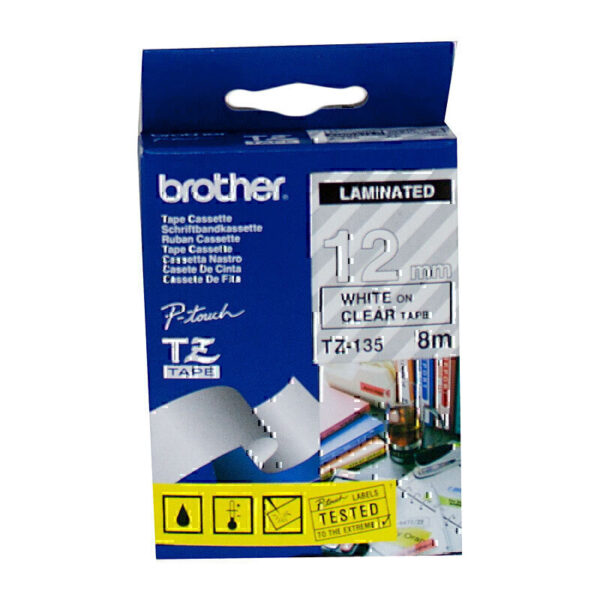 Brother TZe135 Labelling Tape 12mm x 8m White on Clear