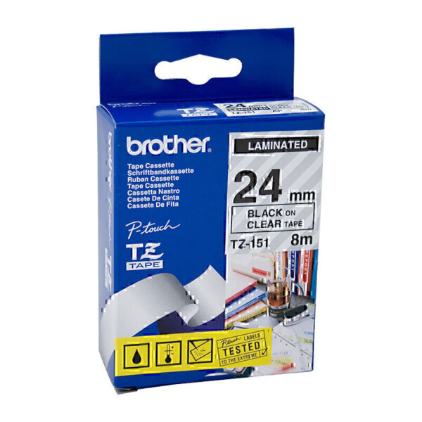 Brother TZe151 Labelling Tape 24mm x 8m Black on Clear