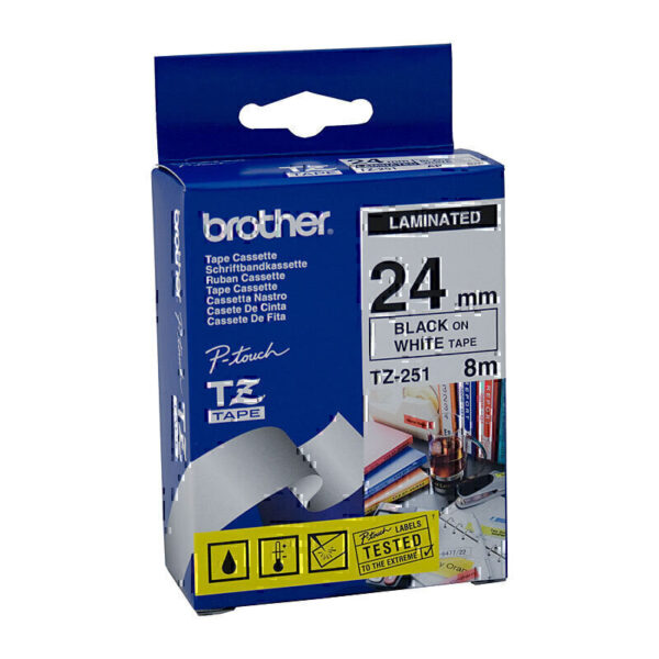 Brother TZe251 Labelling Tape 24mm x 8m Black on White