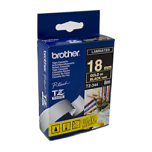 Brother TZe344 Labelling Tape 18mm x 8m Gold on Black
