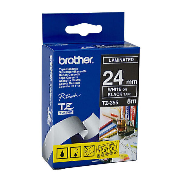 Brother TZe355 Labelling Tape 24mm x 8m White on Black