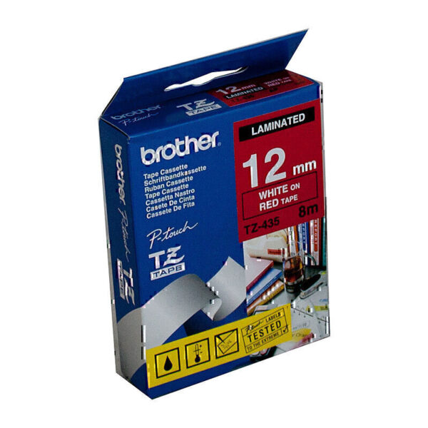Brother TZe435 Labelling Tape 12mm x 8m White on Red