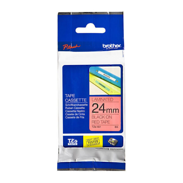 Brother TZe451 Labelling Tape 24mm x 8m Black on Red