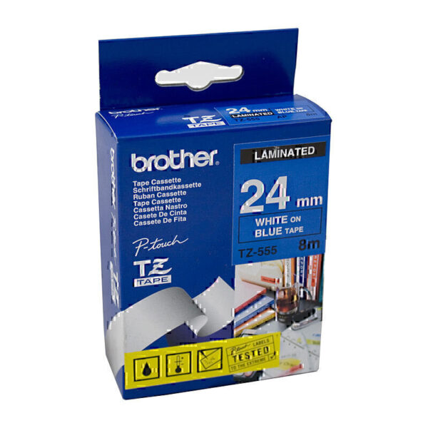 Brother TZe555 Labelling Tape 24mm x 8m White on Blue