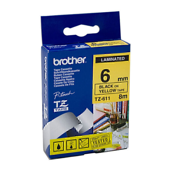 Brother TZe611 Labelling Tape 6mm x 8m Black on Yellow