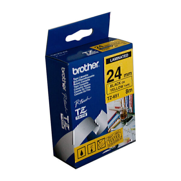 Brother TZe651 Labelling Tape 24mm x 8m Black on Yellow