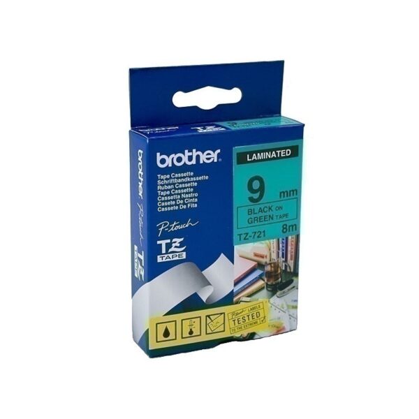 Brother TZe721 Labelling Tape 9mm x 8m Black on Green