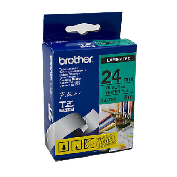 Brother TZe751 Labelling Tape 24mm x 8m Black on Green