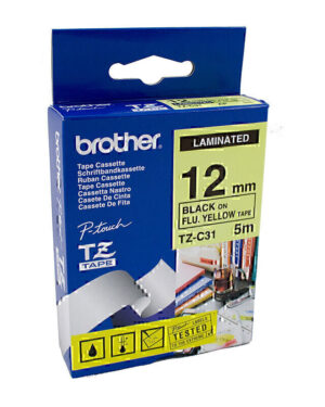 Brother TZeC31 Labelling Tape 12mm x 5m Black on Fluoro Yellow