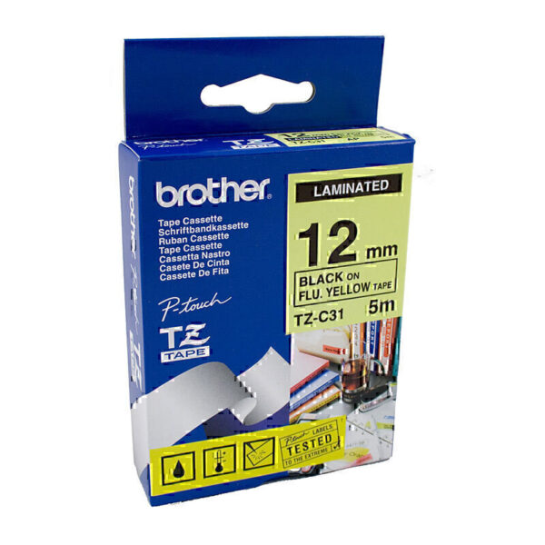 Brother TZeC31 Labelling Tape 12mm x 5m Black on Fluoro Yellow