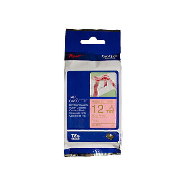 Brother TZeRE34 Labelling Tape 12mm x 4m Gold on Pink