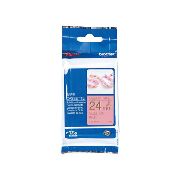 Brother TZeRE54 Labelling Tape 24mm x 4m Gold on Pink