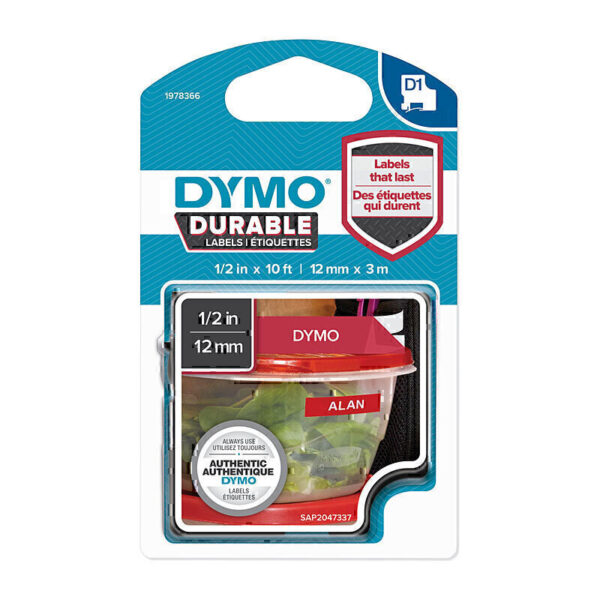 Dymo D1 Dur Wht on Red 12mm x 3m