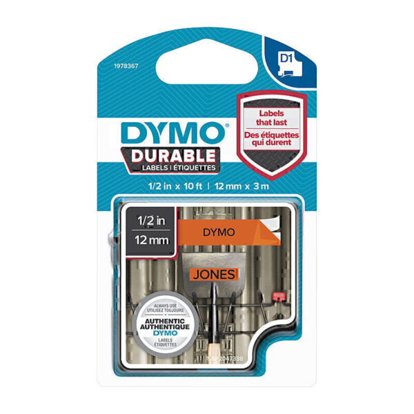 Dymo D1 Dur Blk on Orn 12mm x 3m