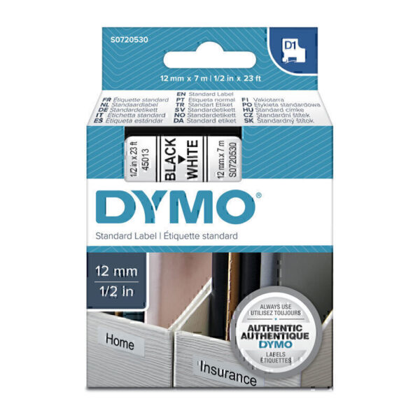 Dymo D1 Blk on Wht 12mmx7m Tape