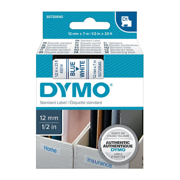 Dymo D1 Blue on Wht 12mmx7m Tape