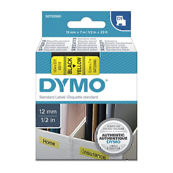 Dymo D1 Blk on Yell 12mmx7m Tape