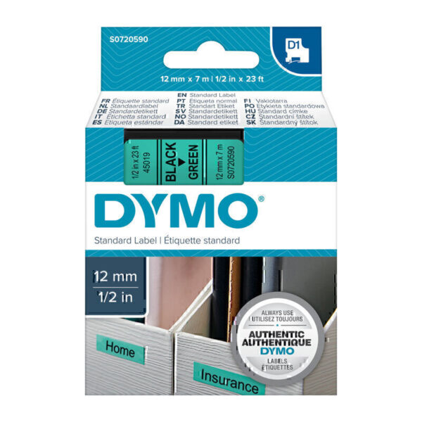 Dymo D1 Blk on Grn 12mmx7m Tape