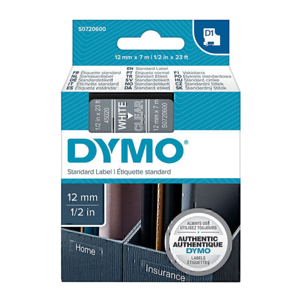 Dymo D1 Wht on Clr 12mmx7m Tape