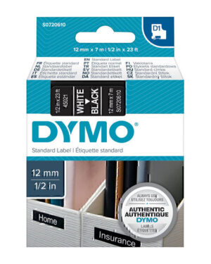 Dymo D1 Wht on Blk 12mmx7m Tape