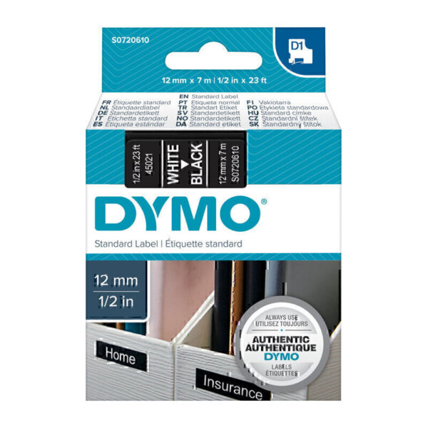 Dymo D1 Wht on Blk 12mmx7m Tape
