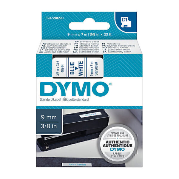 Dymo D1 Blue on Wht 9mm x7m Tape