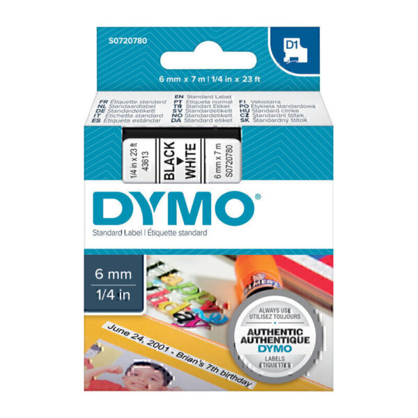 Dymo D1 Blk on Wht 6mm x7m Tape