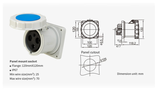 Weipu 125A 3PIN Panel mount socket TYP5202-IP67 - Image 2