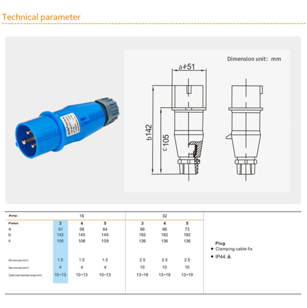 Weipu 16A 3Pin Industrial Plug Socket TYP231-IP44 - Image 2