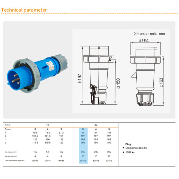 Weipu 32A 3PIN Plug Clamping cable fix TYP371-IP67 - Image 2