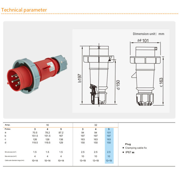 Weipu 32A 5PIN Plug Clamping cable fix TYP375-IP67 - Image 2