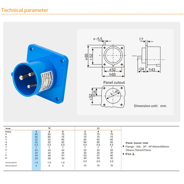 Weipu 16A 3PIN Panel Mount Inlet TYP531-IP44 - Image 2