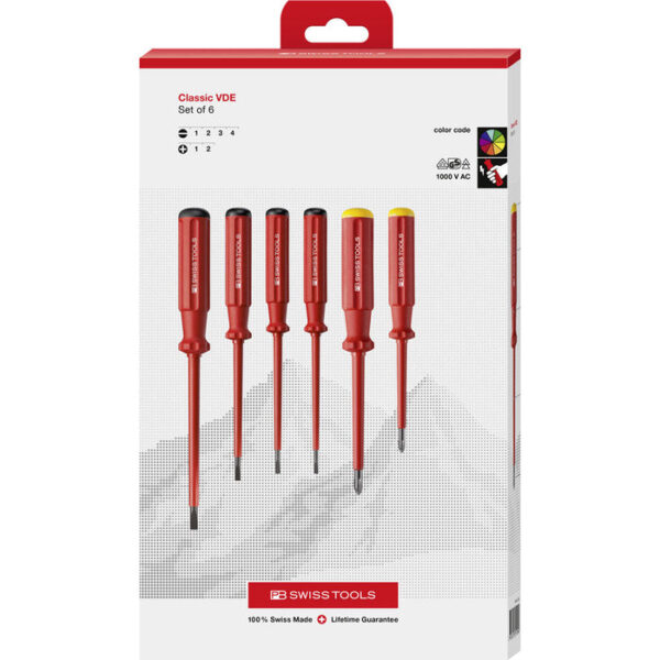 PB Swiss Tools 6 pce Slotted & Phillips Classic VDE Screwdriver Set in Cardboard Box