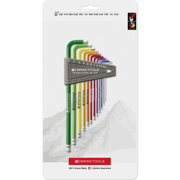 PB Swiss Tools Rainbow 12 Pce Ball End Imperial Hex Key Set in Plastic Holder